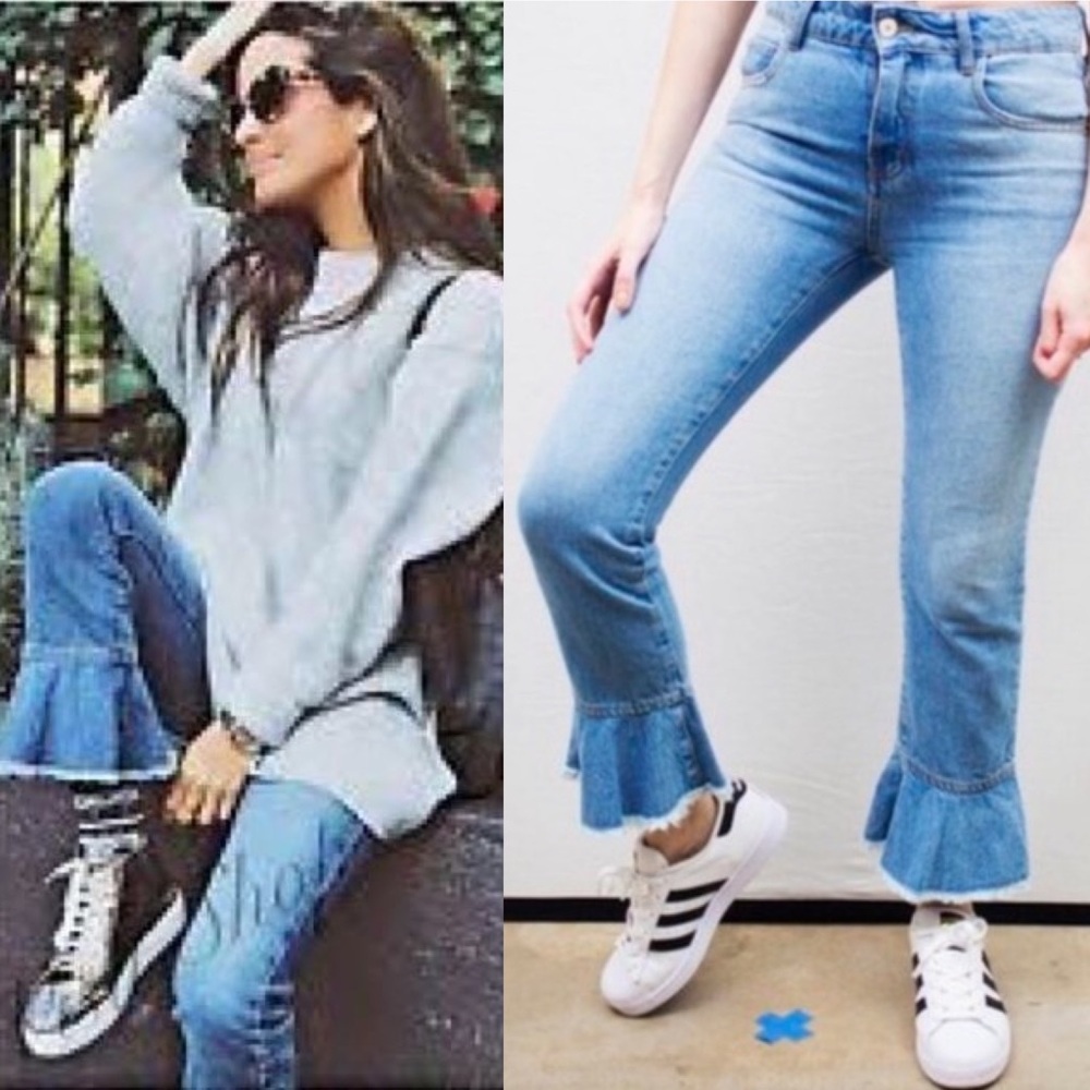Zara Denim Frill Ruffle Cuff Raw Hem Cropped Jeans Light Wash 2